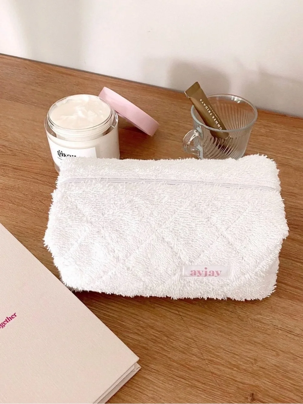 ayjay White Quilted Terry Zip Cosmetic Bag